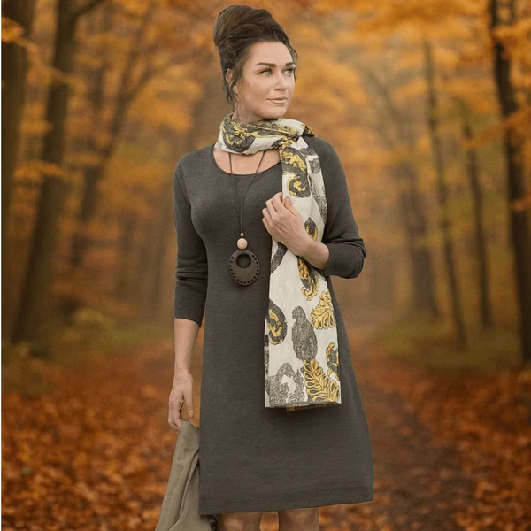 Kvinna i mörk tunika och leggings i en höstlig skog