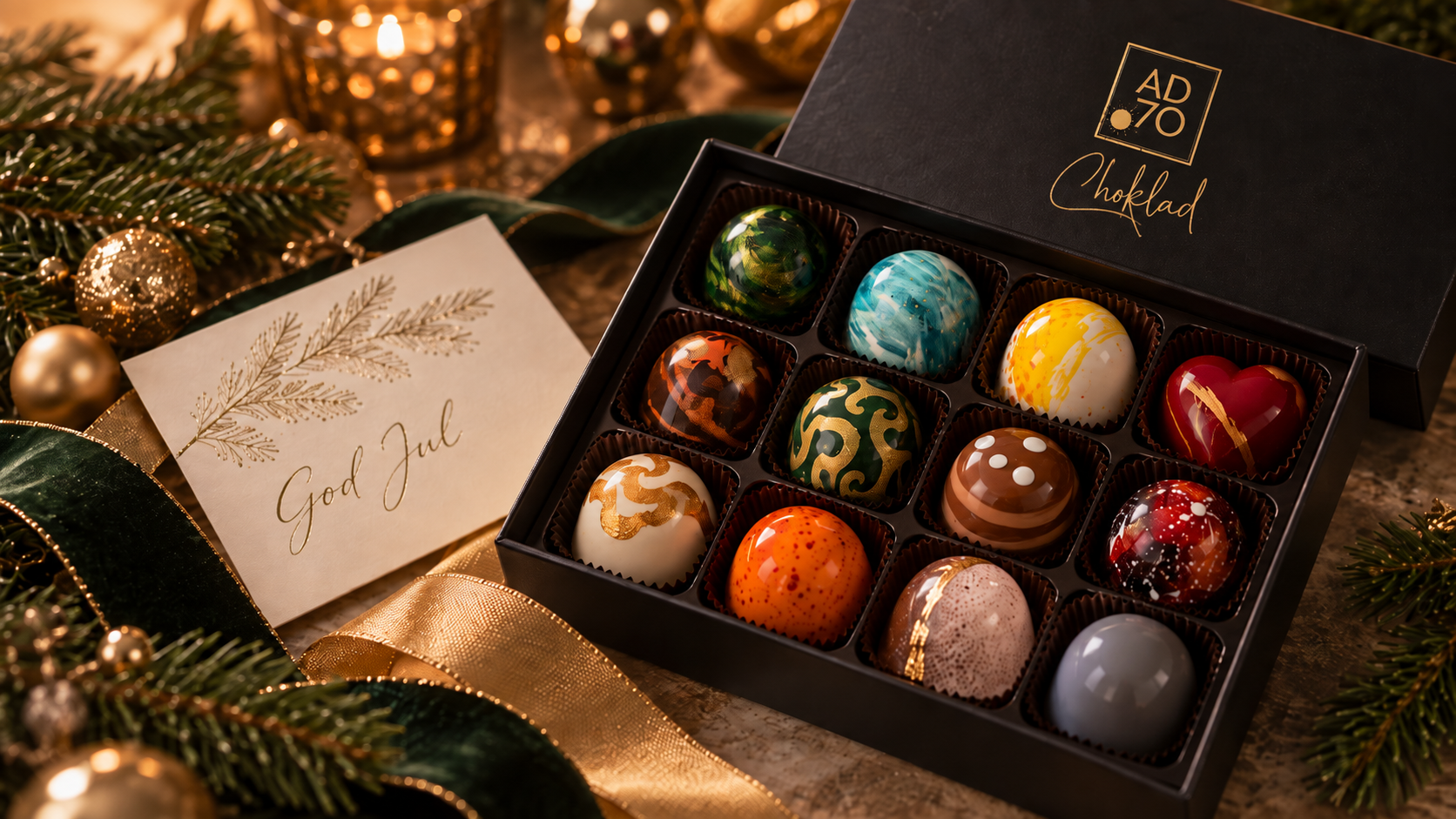 Pralinask från AD70 Choklad med God Jul-kort, granris och guldband