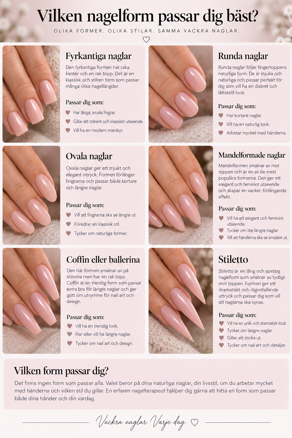 Guide till nagelformer: fyrkantig, rund, oval, mandelformad, coffin och stiletto