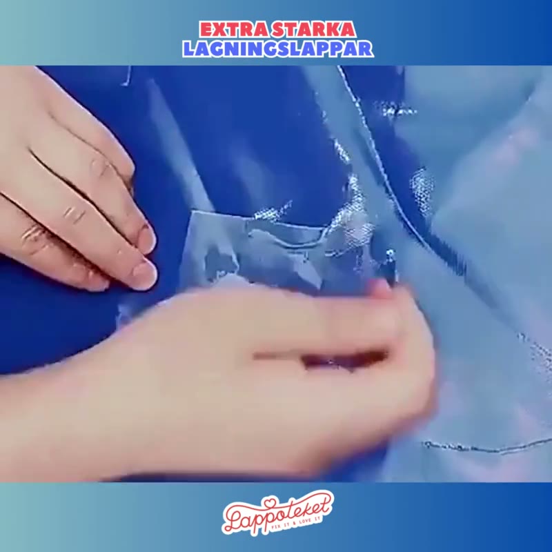 En transparent TPU-lagningslapp placeras över en reva i blått material