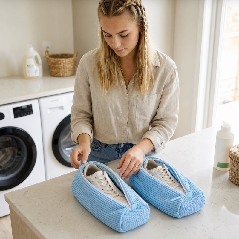 Kvinna förbereder två sneakers i varsin blå skotvättpåse i tvättstugan