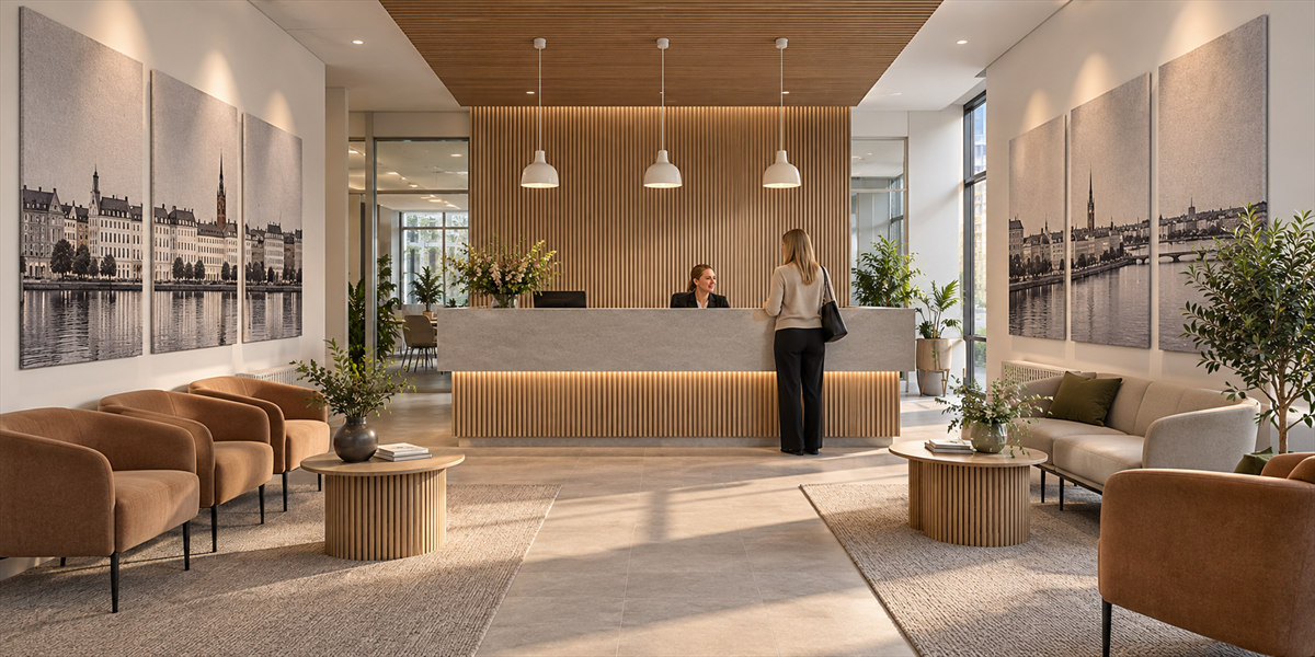 Ljuddämpande inredning i professionell miljö – Ljuddämpande tavlor i reception och väntrum