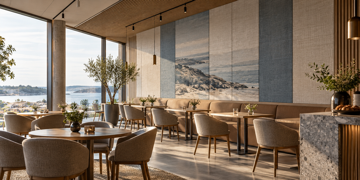 Tygklädda väggpaneler i professionell miljö – Tygklädda paneler för hotell, restauranger och offentliga miljöer