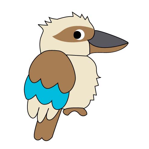 En tecknad kookaburra med färger i brunt, beige och turkos. Fågeln ser busig och glad ut. 