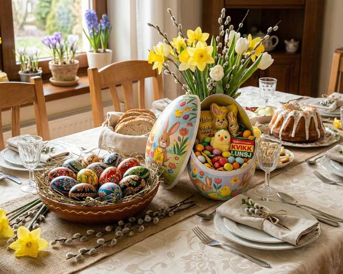 Vakkert dekket påskebord med pisanki og dekor
