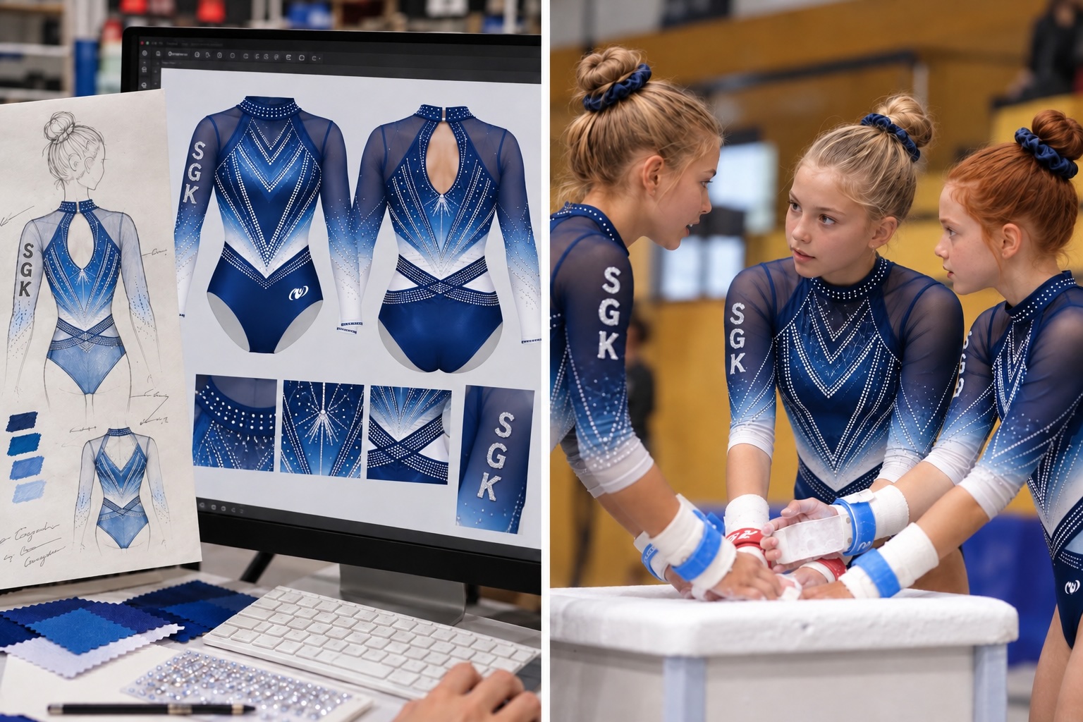 Digitalt designf&ouml;rslag f&ouml;r en gymnastikdr&auml;kt bredvid en ursprunglig skiss
