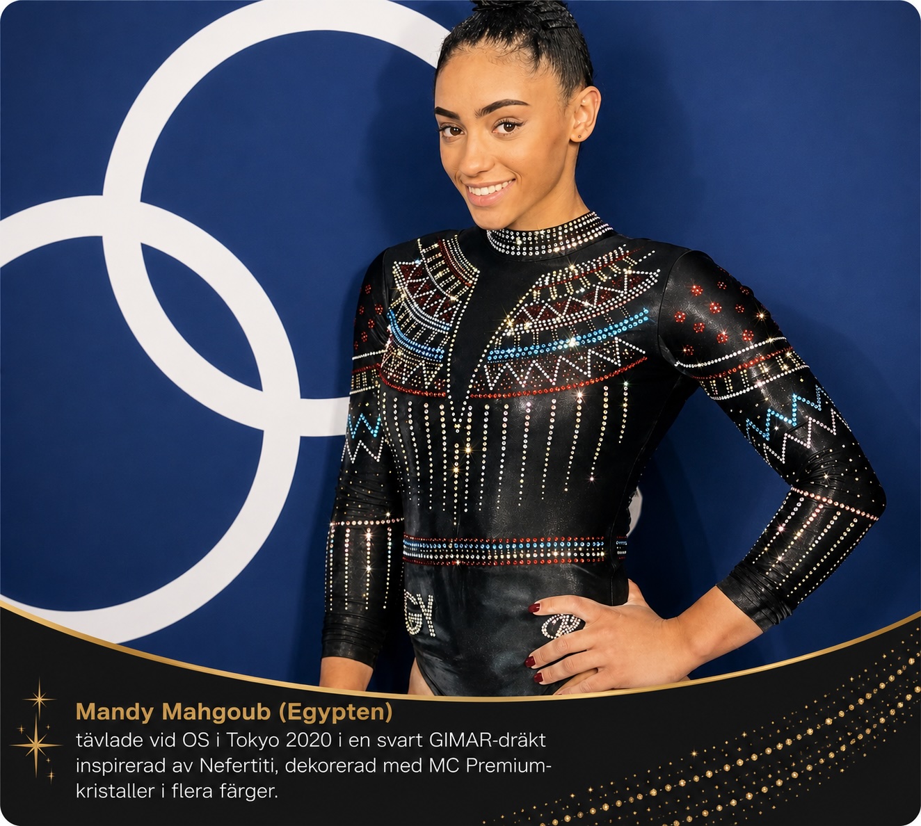 Mandy Mahgoub fr&aring;n Egypten i en svart GIMAR-dr&auml;kt inspirerad av Nefertiti