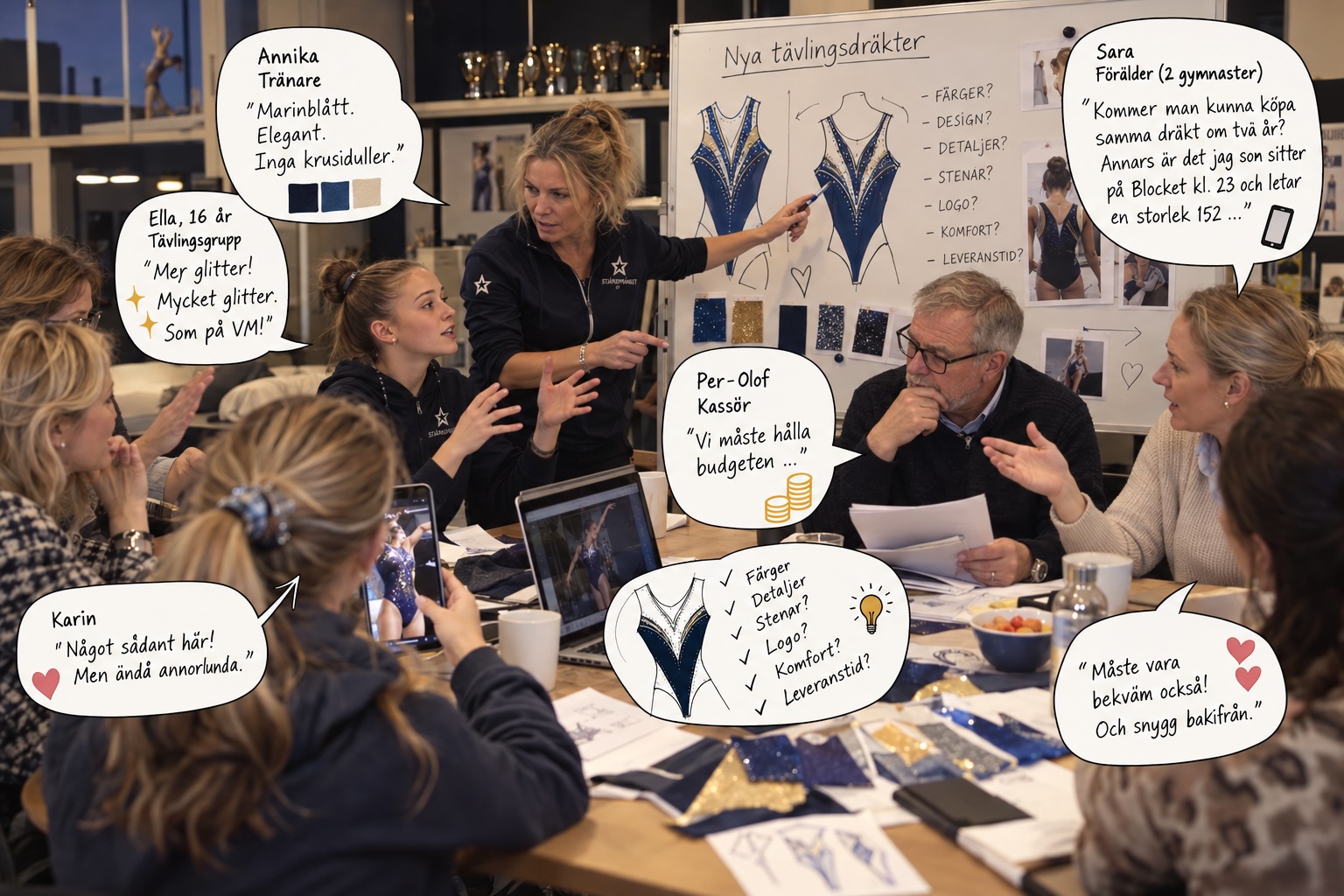 Styrelsem&ouml;te d&auml;r en gymnastikf&ouml;rening diskuterar nya t&auml;vlingsdr&auml;kter