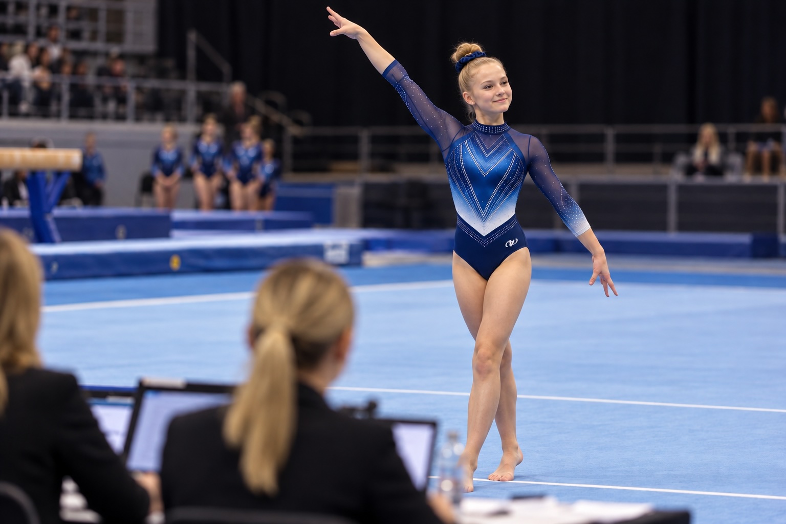 Gymnast i specialdesignad t&auml;vlingsdr&auml;kt h&auml;lsar mot domarna