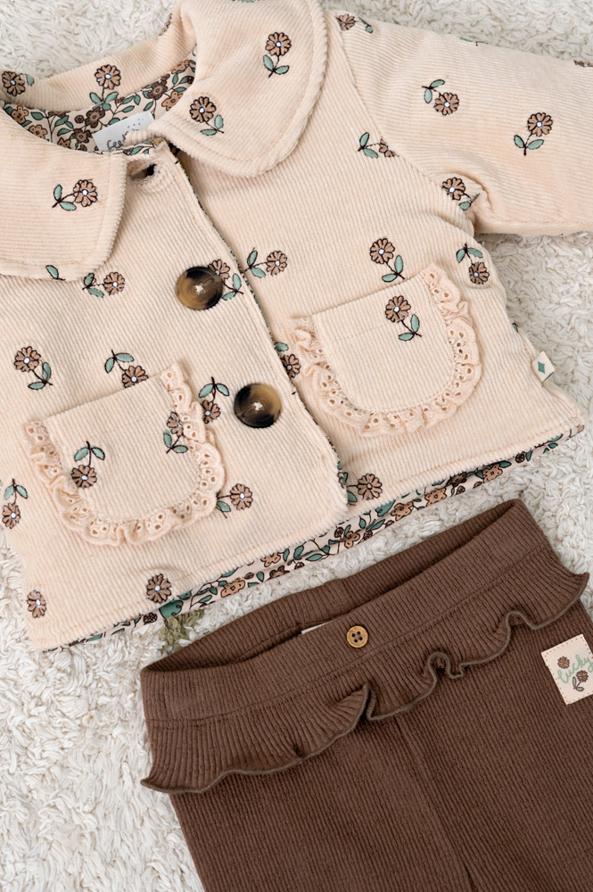 Feetje Jasje velours rib met borduursels - Offwhite