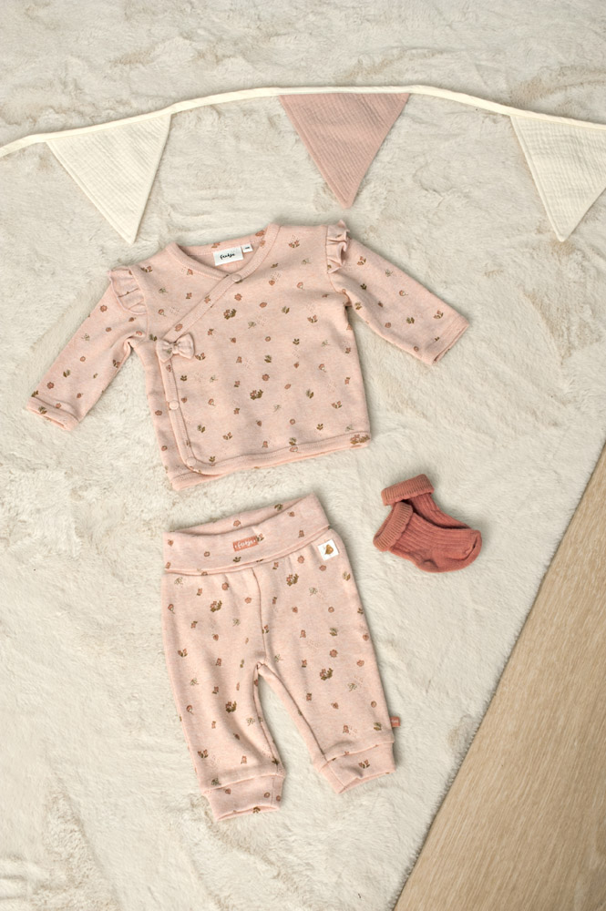 Feetje Overslagshirt pointelle rib AOP - Roze melange