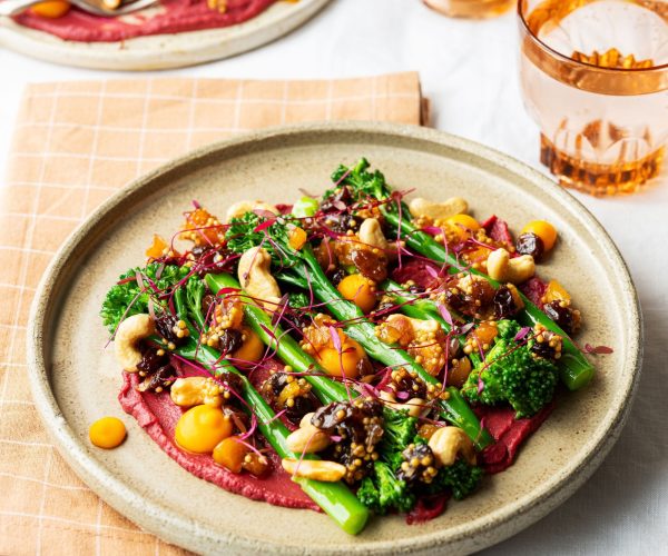 Butter-Glazed Tenderstem®, Beetroot Hummus, Brown Butter Hazelnuts, Shallot Vinaigrette & Pickled Raisin Escabeche