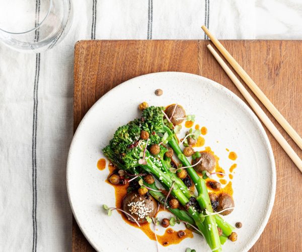 Tenderstem® Broccoli, Black Garlic Whipped Tahini, Chilli Oil, Sesame & Crispy Chickpeas