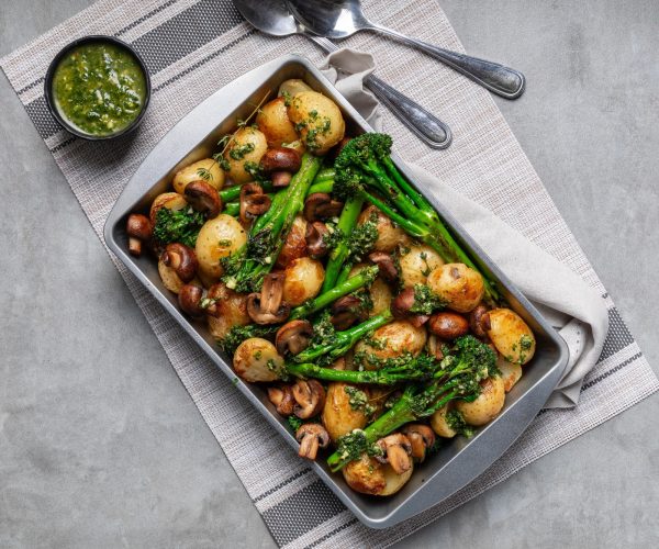 Tenderstem®, mushroom, & garlic butter baby potato tray bake
