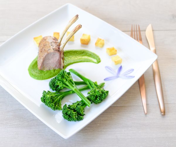 French Trimmed Lamb Cutlets with Tenderstem® broccoli Two Ways & Roasted Garlic Puree