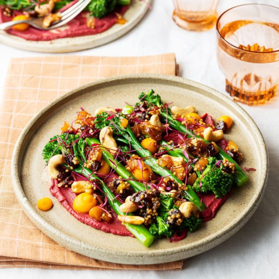 Butter-Glazed Tenderstem®, Beetroot Hummus, Brown Butter Hazelnuts, Shallot Vinaigrette & Pickled Raisin Escabeche