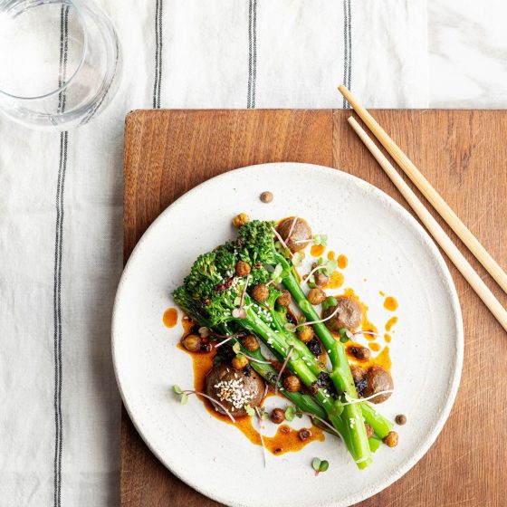 Tenderstem® Broccoli, Black Garlic Whipped Tahini, Chilli Oil, Sesame & Crispy Chickpeas