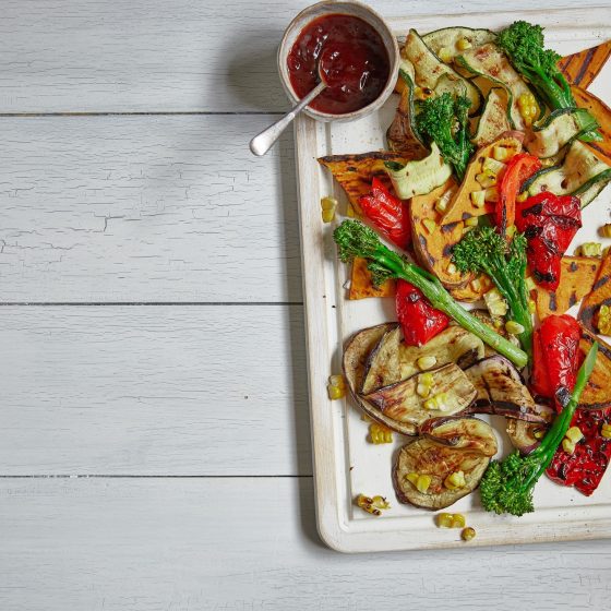 Smoky BBQ veggies with plum and soy BBQ dressing