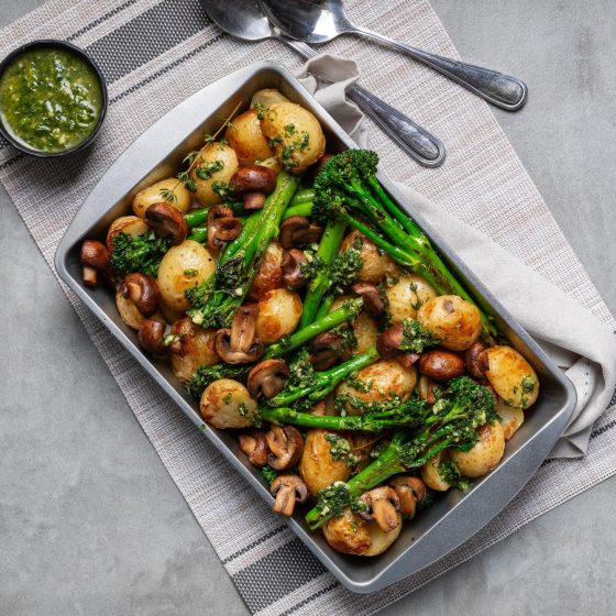 Tenderstem®, mushroom, & garlic butter baby potato tray bake