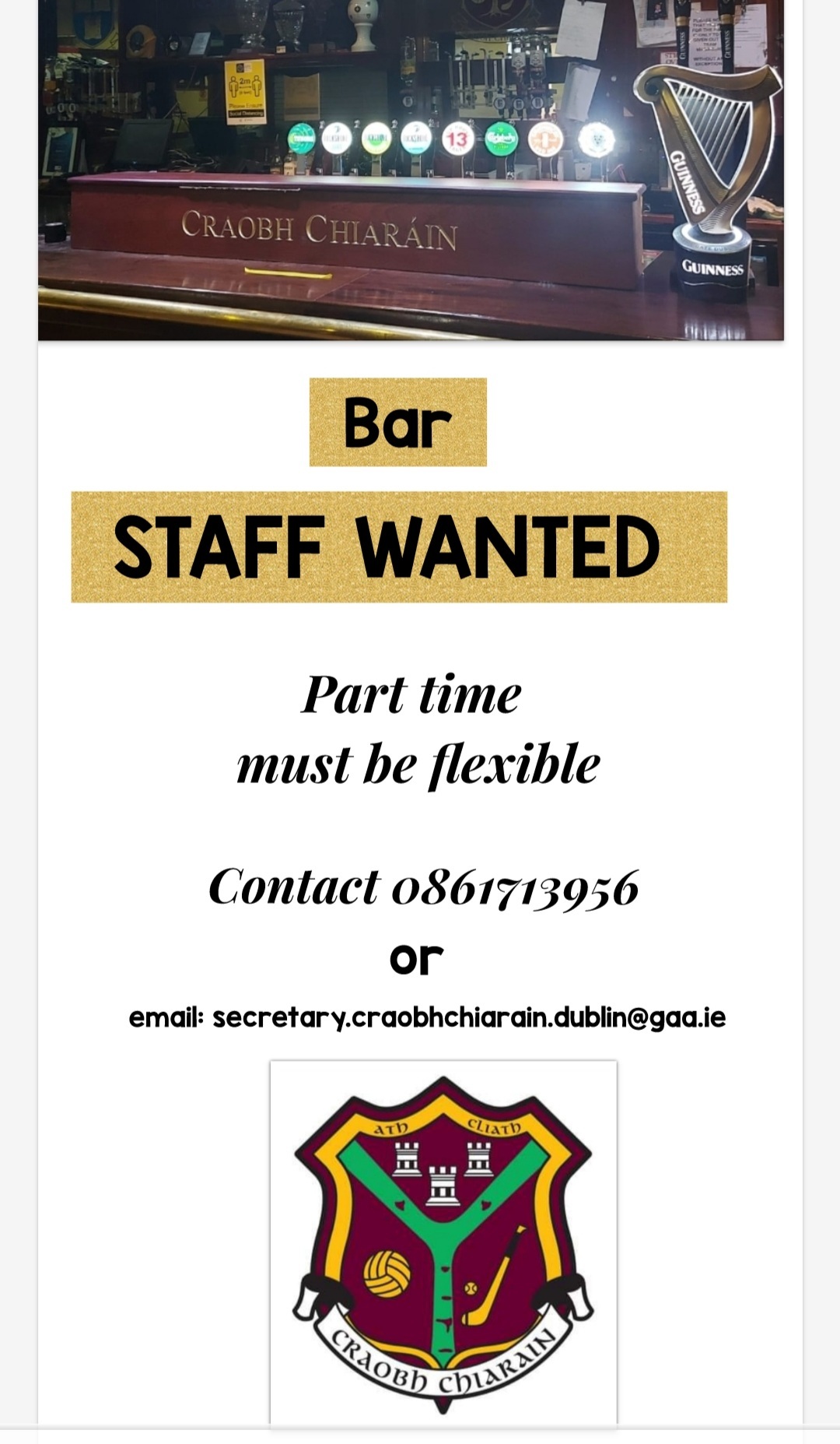 Craobh Chiarain BAR STAFF WANTED