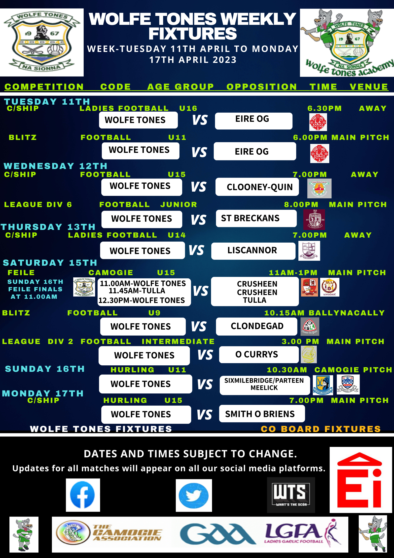 ClubZap Weekly Fixtures Week of 11th April 2023