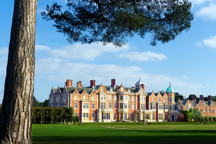 a large building with a lawn and trees