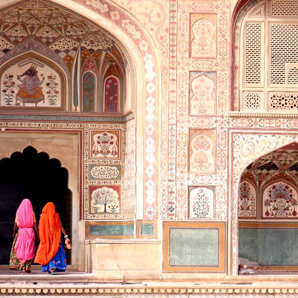 Two women walking in the Amber Fort, Jaipur