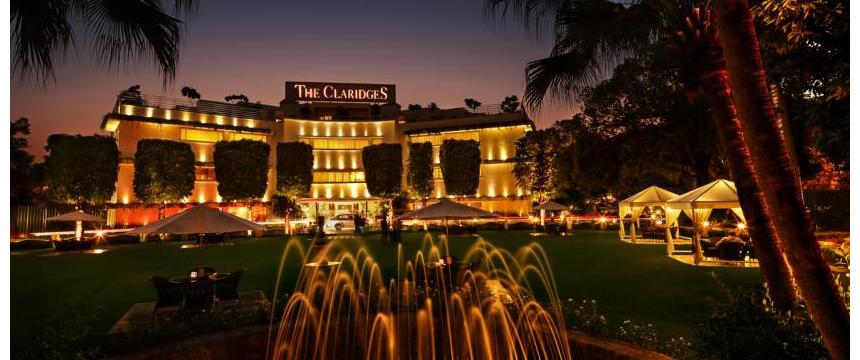 A view of fountains and gardens surrounding the five-star hotel, The Claridges, in New Delhi