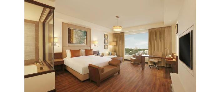 One of the spacious rooms in the Doubletree by Hilton in Agra with views of the Taj Mahal