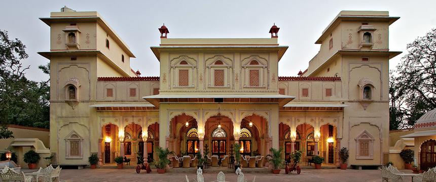 a view of the exterior of the heritage Narain Niwas Palace Hotel in Jaipur