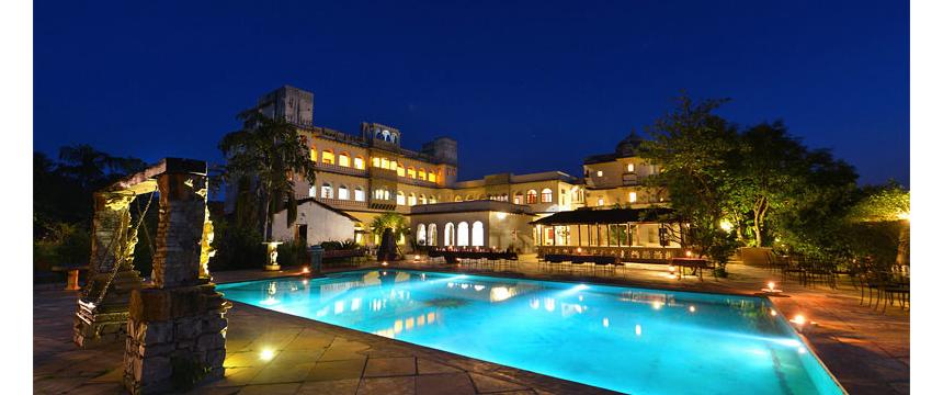 A view over the pool at the heritage hotel Castle Bijaipur in Rajasthan
