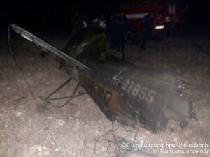 A view shows what is said to be a crash site following the downing of a Russian military Mi-24 helicopter at an unknown location in Armenia