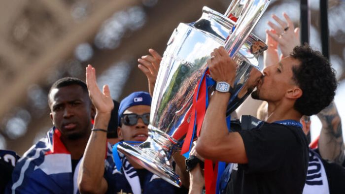 PSG parade champions league trophy as they celebrate back-to-back titles
