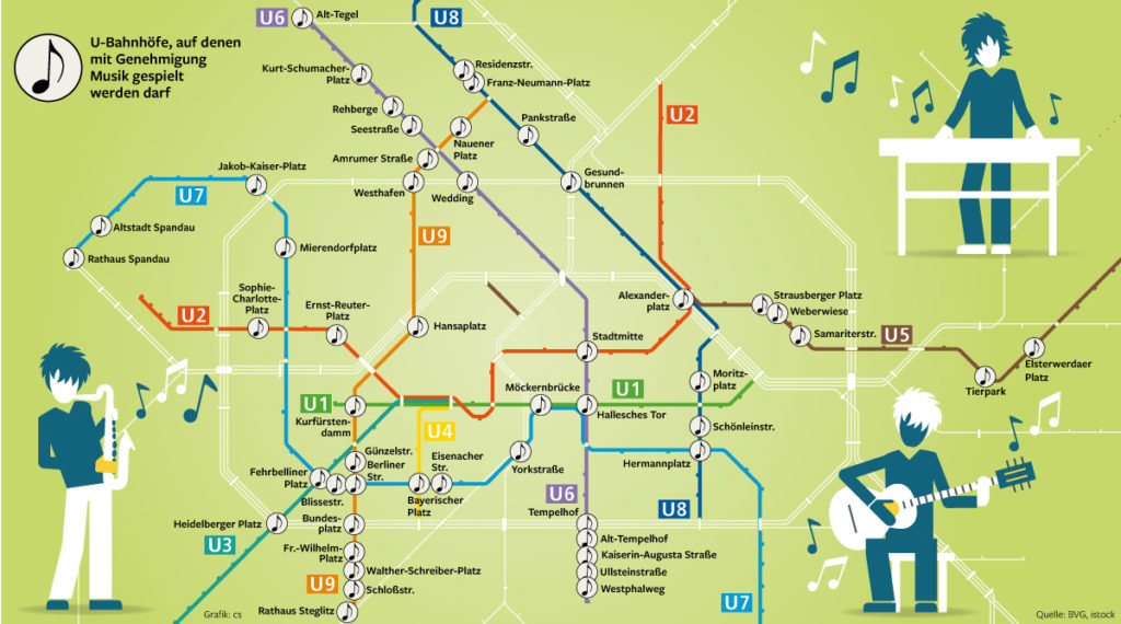 Map of the Berlin subway system which marks spots that allow busking