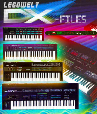 Legowelt DX-Files ad which shows four different synthesizers on a rainbow colored background
