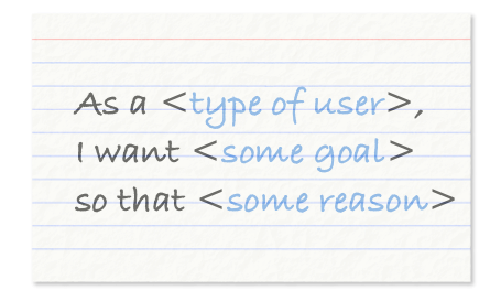 An index card that reads: a type of user , I want some goal , so that some reason