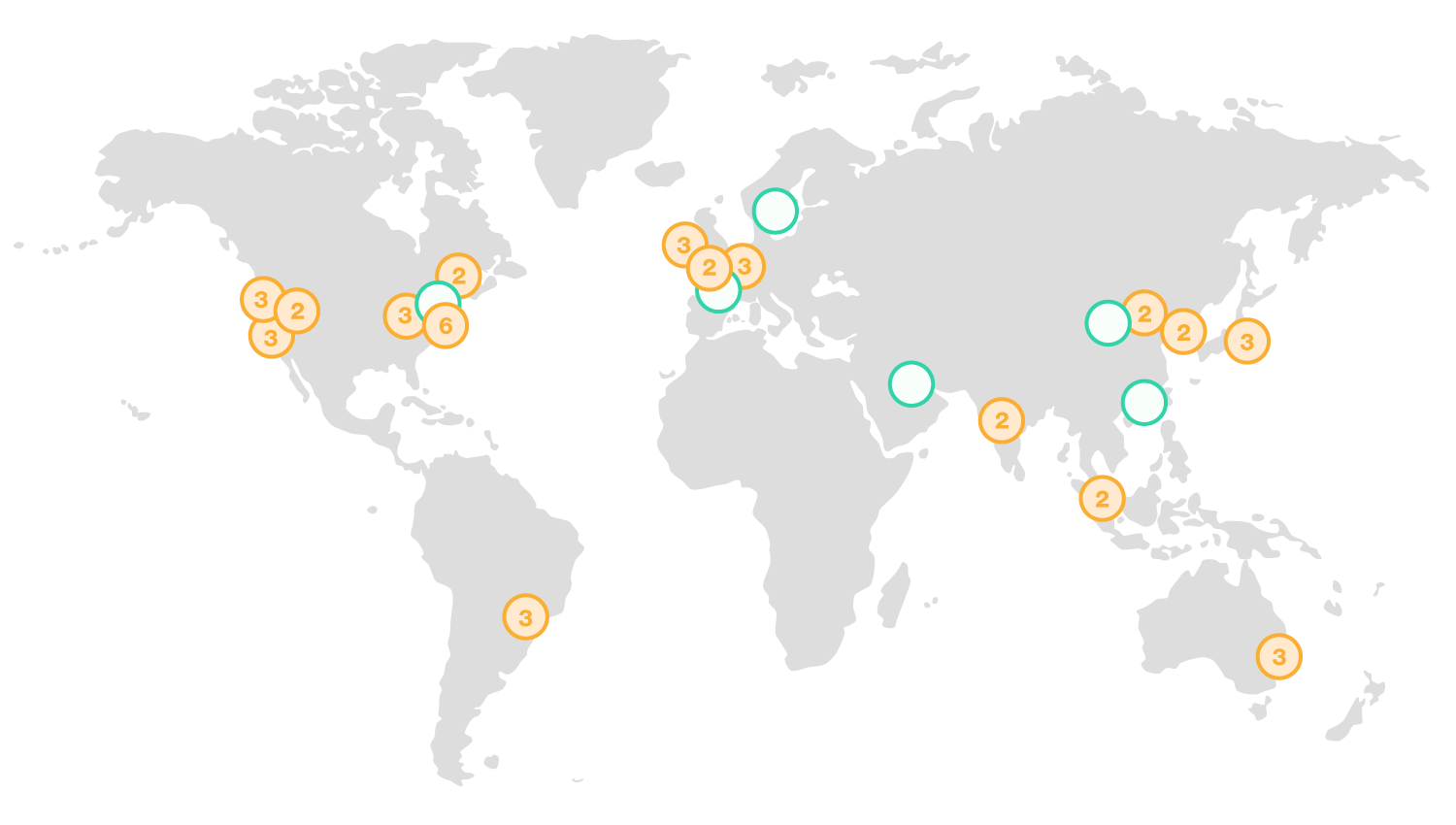Carte du monde représentant une vingtaine de points dans le monde dans chaque continent, à l'exception de l'Afrique. Chaque point est un datacenter d'Amazon Web Services.