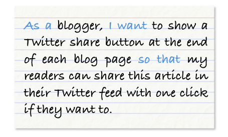 An index card that reads: as a blogger, I want to show a twitter share button at the end of each blog page so that my readers can share this article in their twitter feed with one click if they want to.