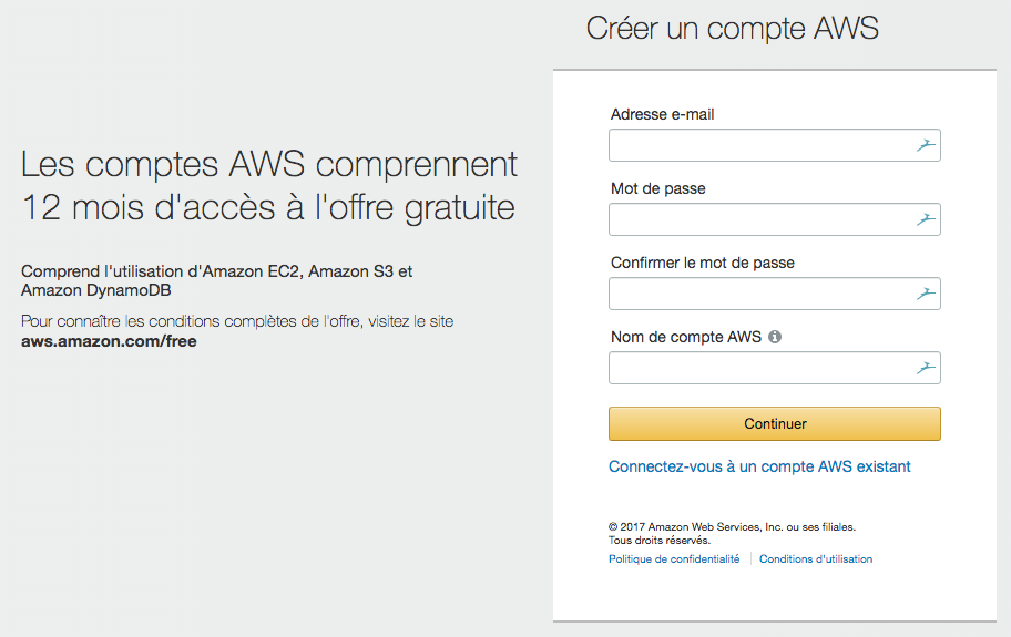 Le formulaire d'inscription AWS