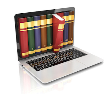 A laptop with a set of books on the screen and one book is coming through the screen