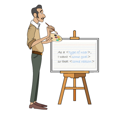 An artist in front of an easel painting on a user story index card