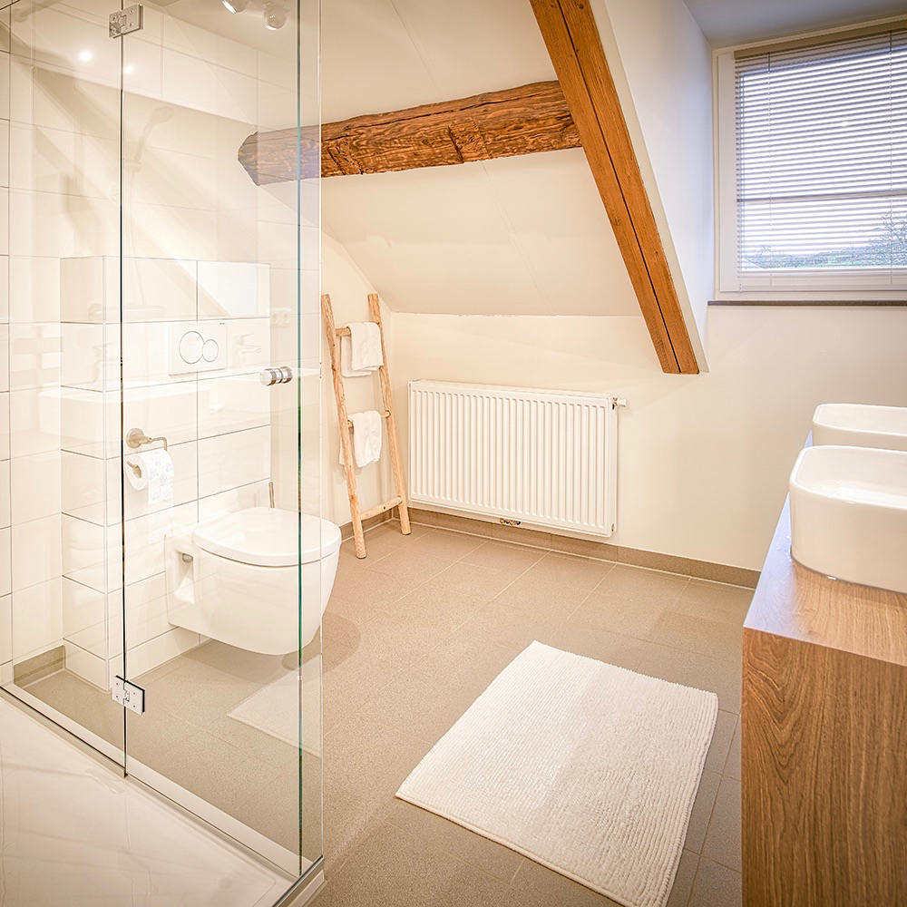 Moderne badkamer met authentieke balken