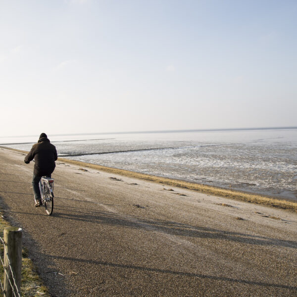 Man fiets langs de zee