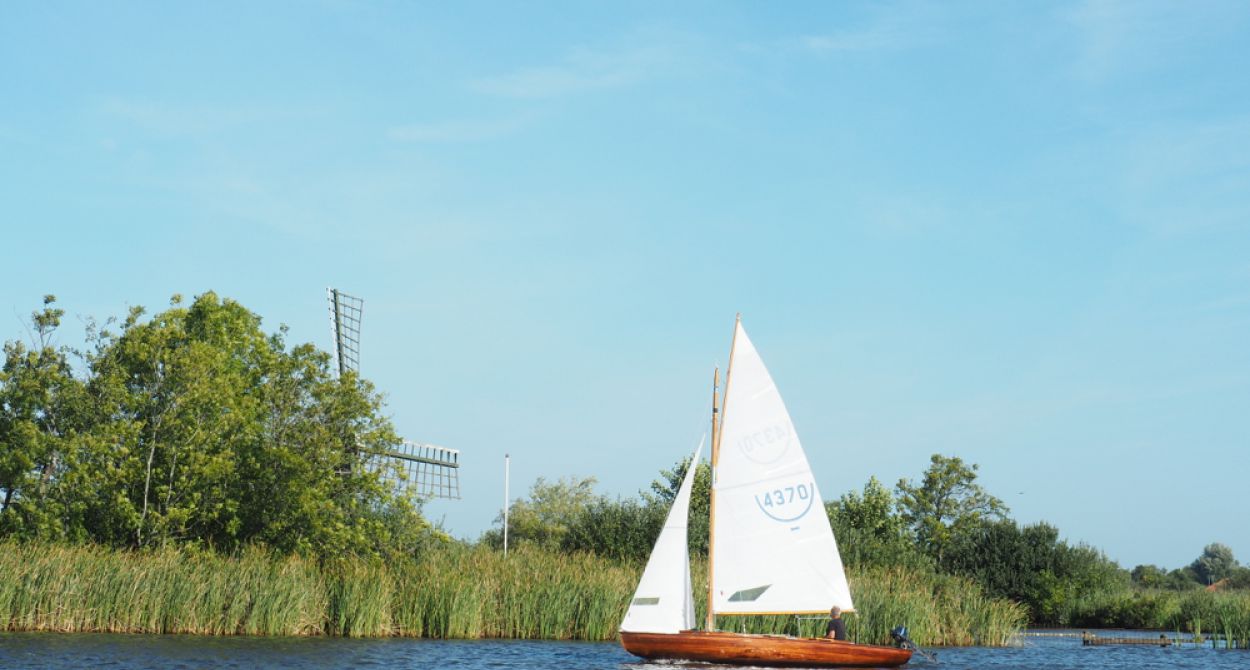 Zeilboot op het water met op de achtergrond riet en een molen tegen een blauwe lucht