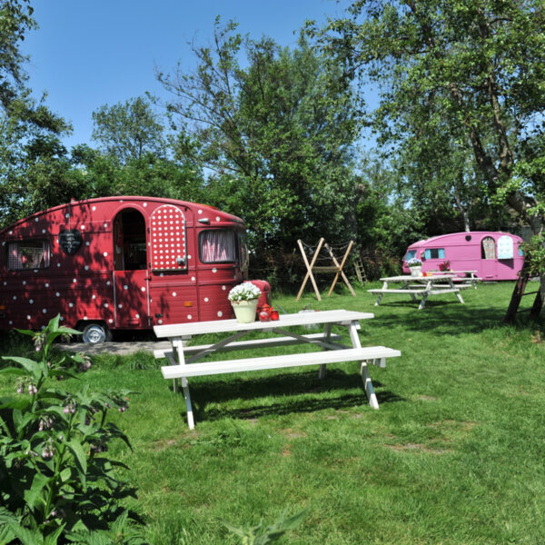 Kleurrijke gepimpte caravans op de camping met een picknicktafel.