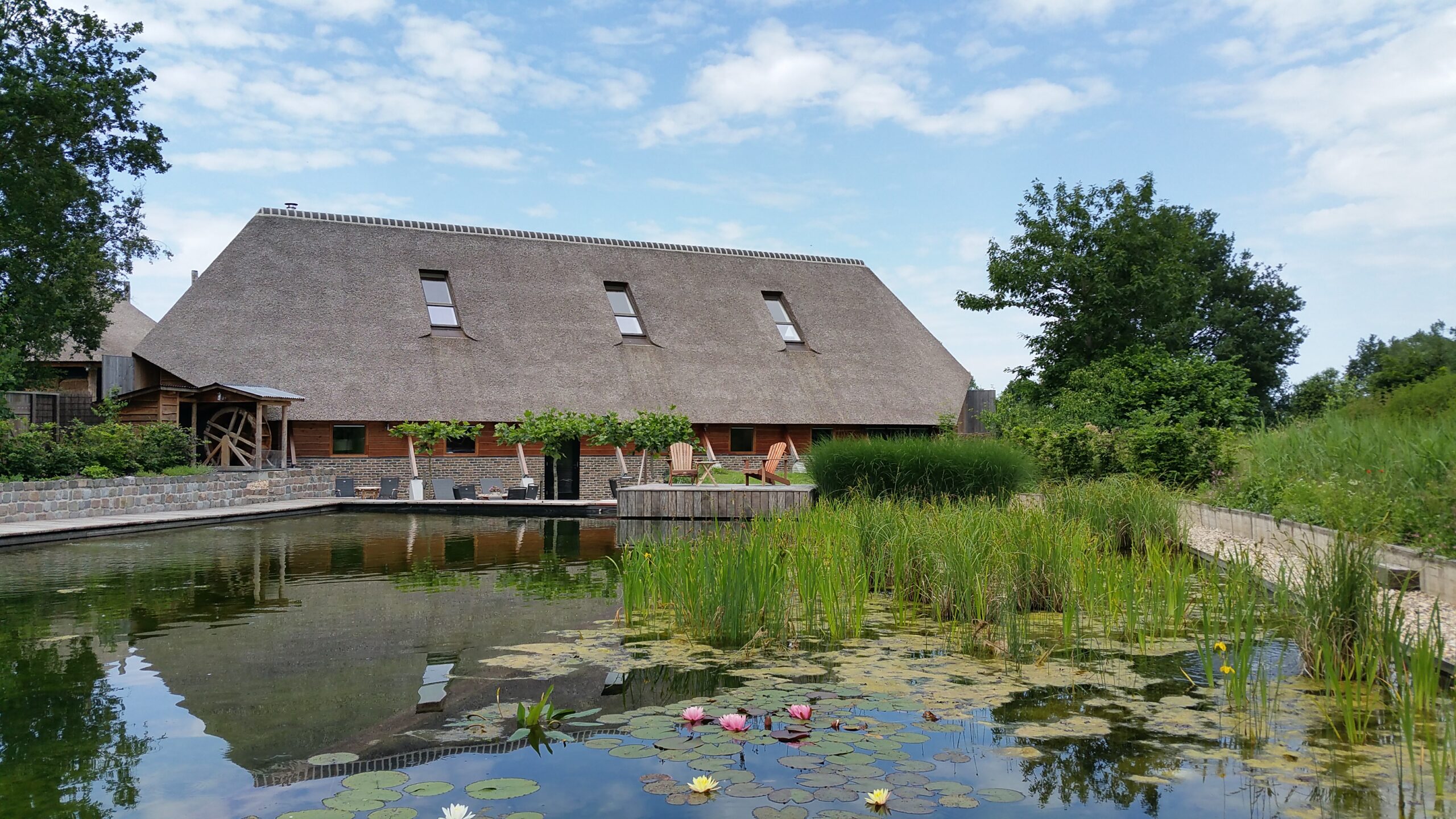 Samen een dagje uit naar een kleinschalige spa of wellness: een boerderij met rieten dak met zwemvijver ervoor.