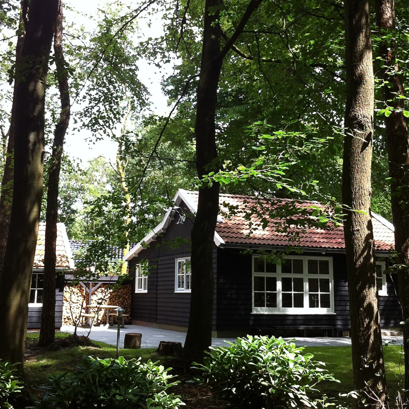 Een zwart houten boshuis in de bossen van Appelscha.