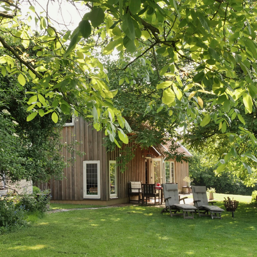 Houten vakantiehuisje in een groene omgeving