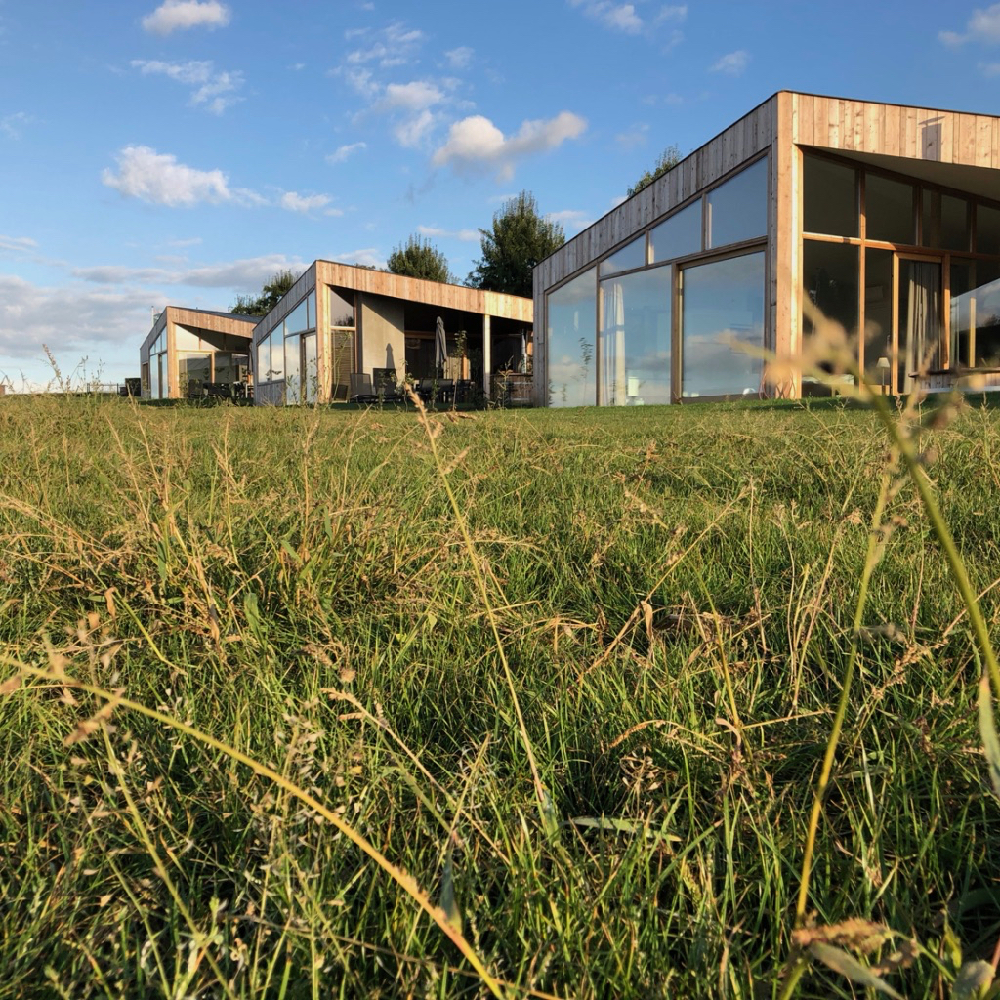 Dauw op het gras en Natuurlofts® in de zon
