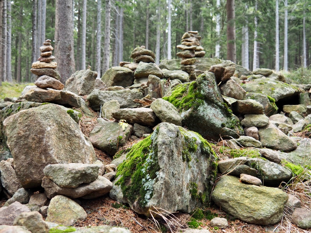 Steenmannetjes en rotspartijen in Boubín-oerbos
